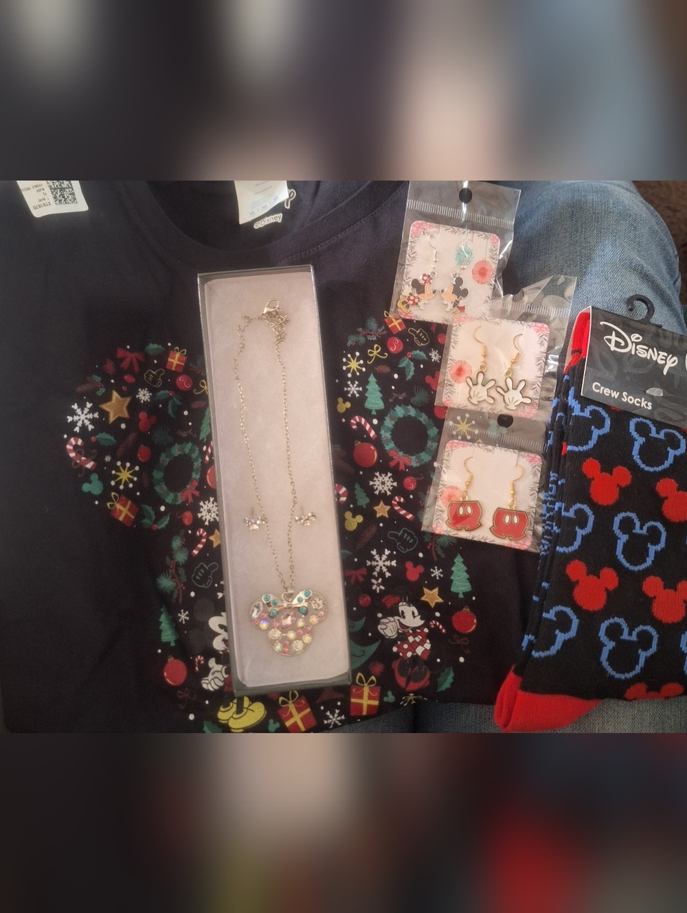 Disney Mickey & Minnie Bundle; T-shirt, Crew Socks, 3 Pr Earrings & Necklace Set
